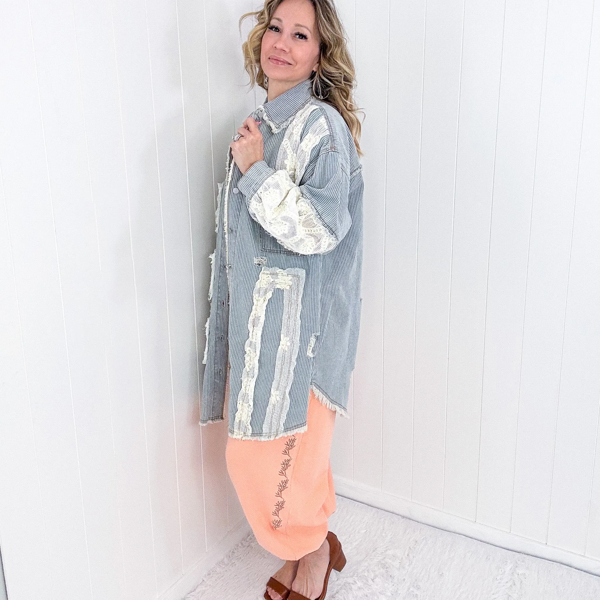 Pol Enchanting Longline Striped Denim and Lace Jacket
