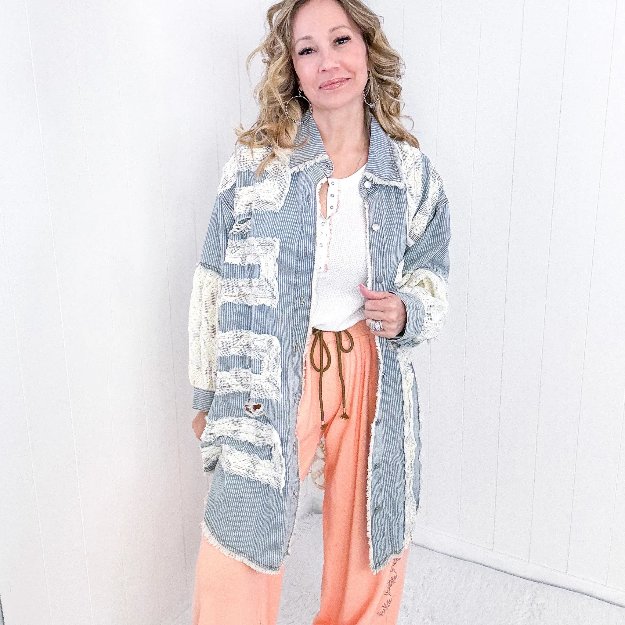 Pol Enchanting Longline Striped Denim and Lace Jacket