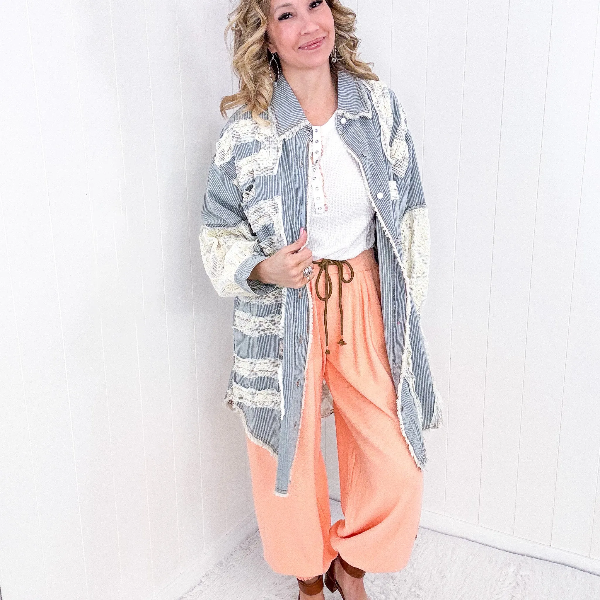 Pol Enchanting Longline Striped Denim and Lace Jacket