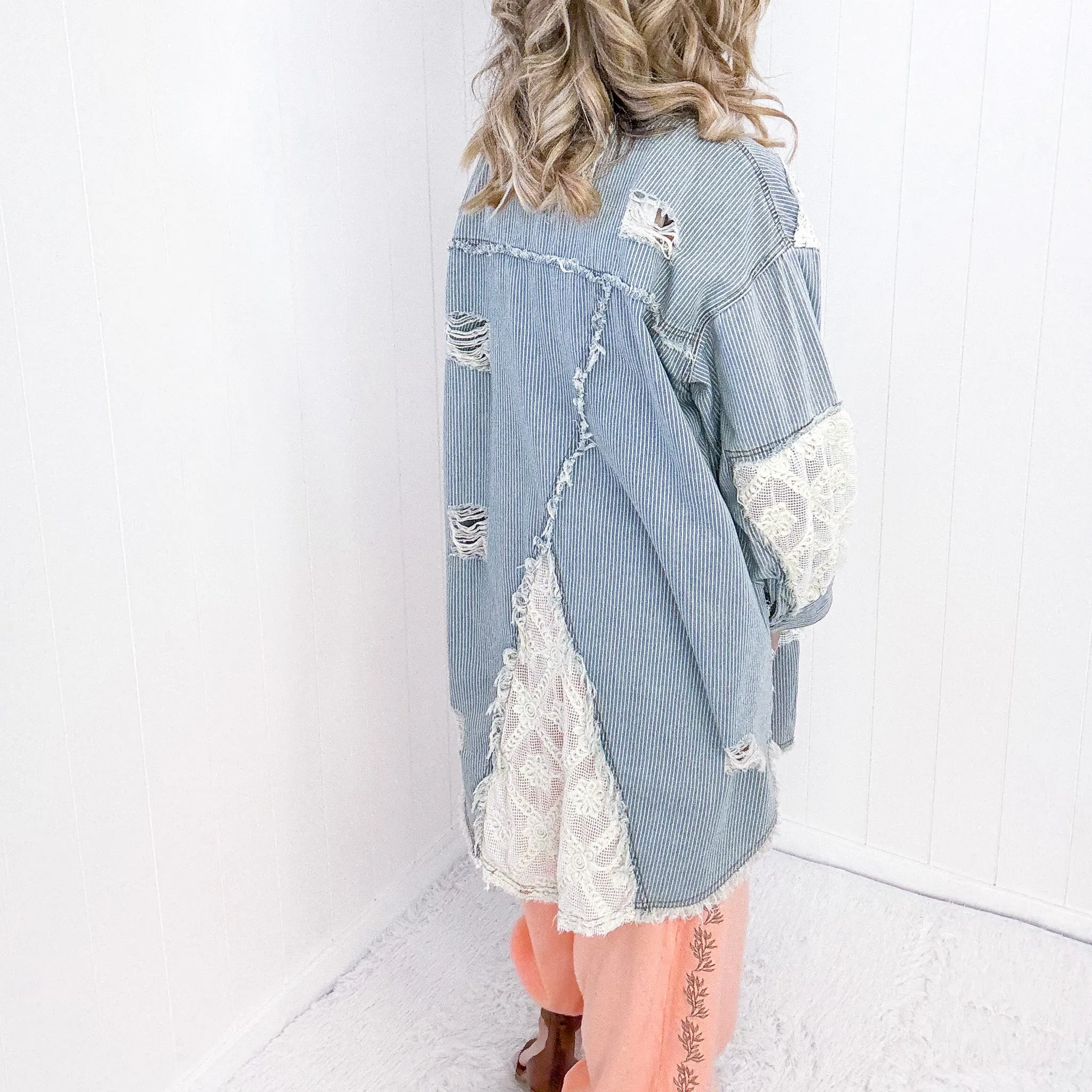 Pol Enchanting Longline Striped Denim and Lace Jacket