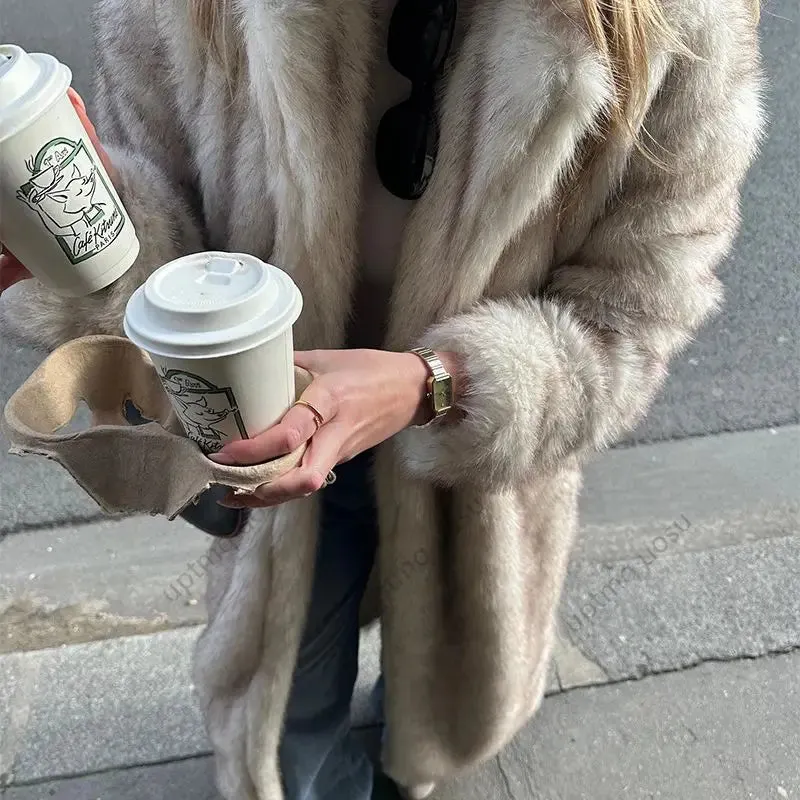 Premium Vintage Look Long Faux Fur Coat Women Gradient Maxi Overcoats 2024 Winter Cozy Iconic Fuzzy Outfits Parka Outwear