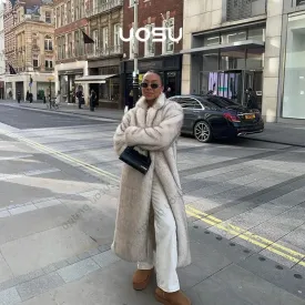 Premium Vintage Look Long Faux Fur Coat Women Gradient Maxi Overcoats 2024 Winter Cozy Iconic Fuzzy Outfits Parka Outwear