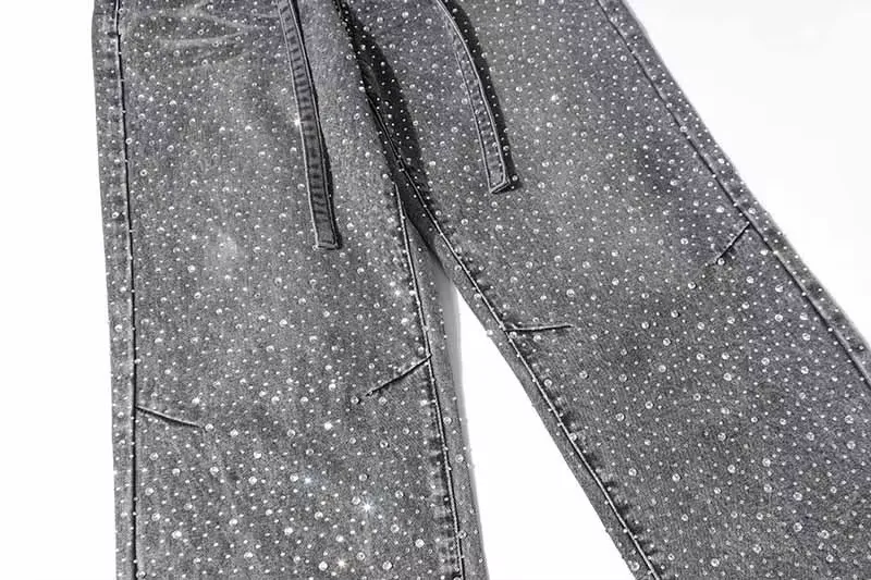 Rhinestone Embellished Gray Denim Jeans