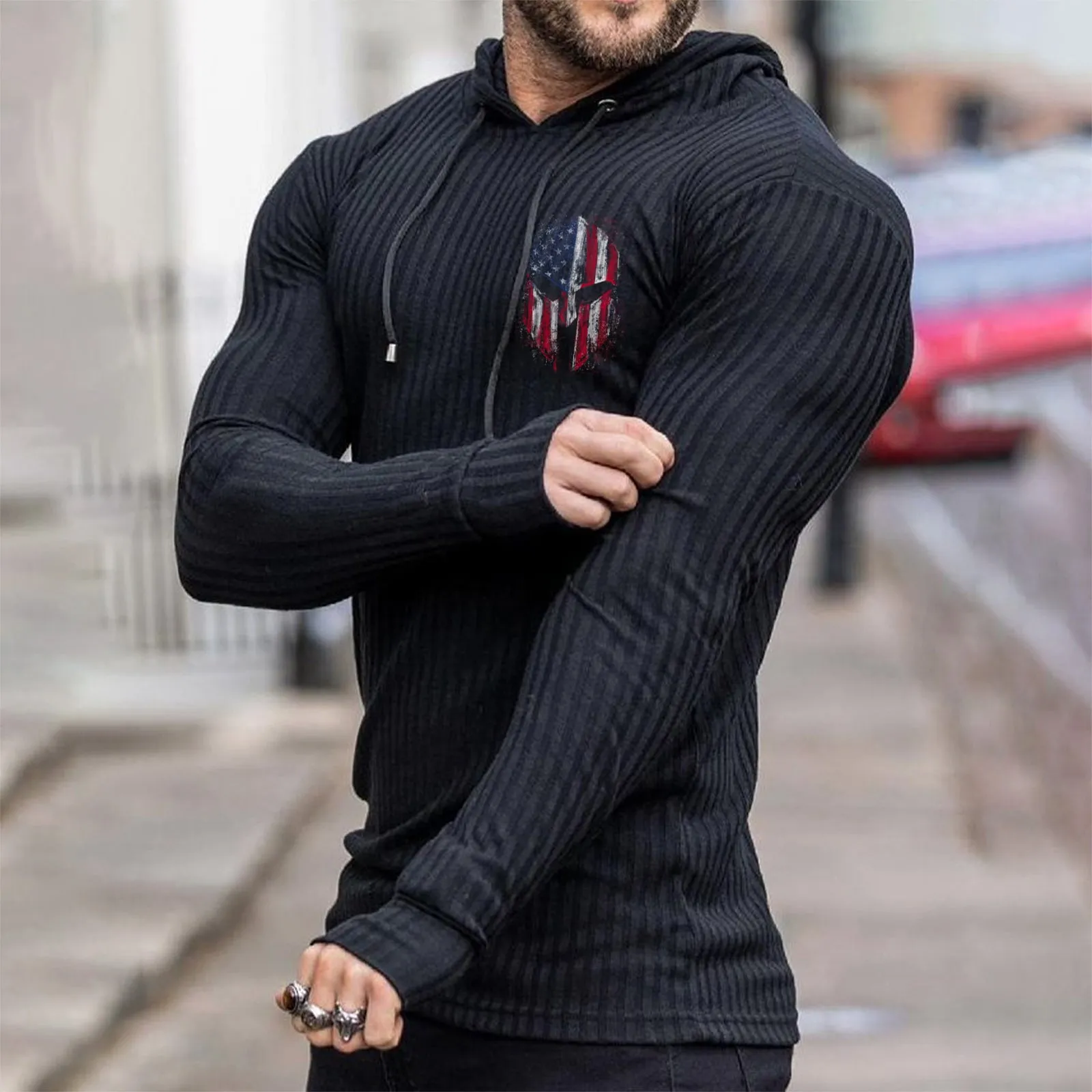 USA FLAG SPARTAN STRIPED GRAPHIC KNITTED HOODIE