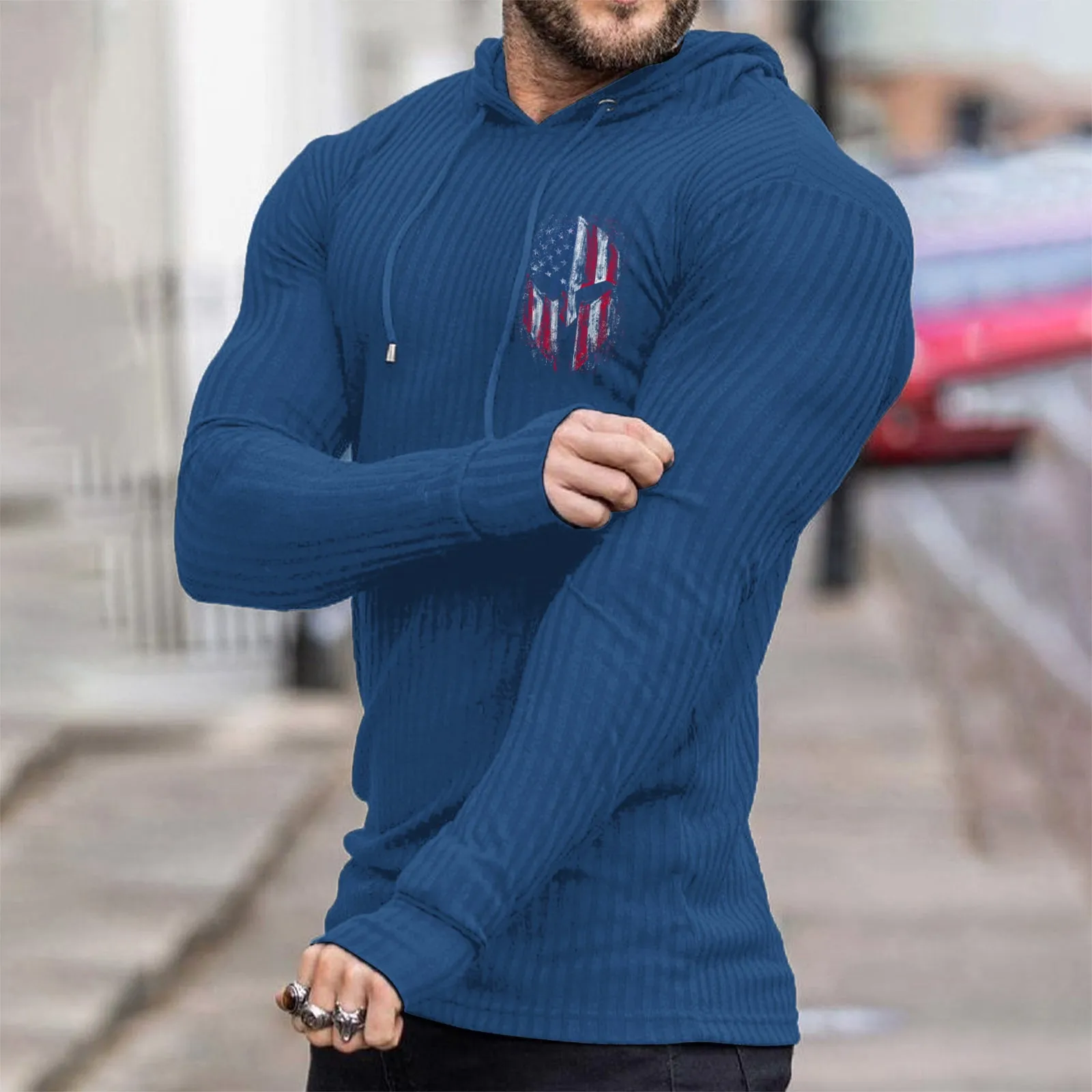 USA FLAG SPARTAN STRIPED GRAPHIC KNITTED HOODIE