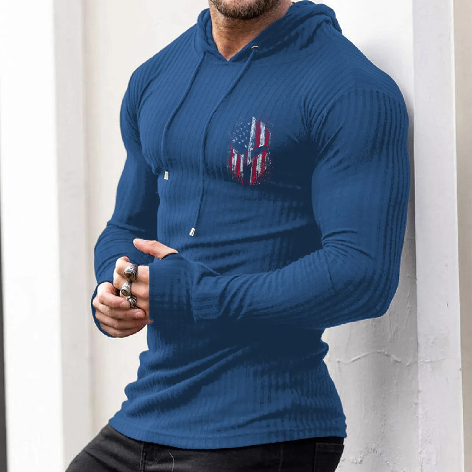 USA FLAG SPARTAN STRIPED GRAPHIC KNITTED HOODIE
