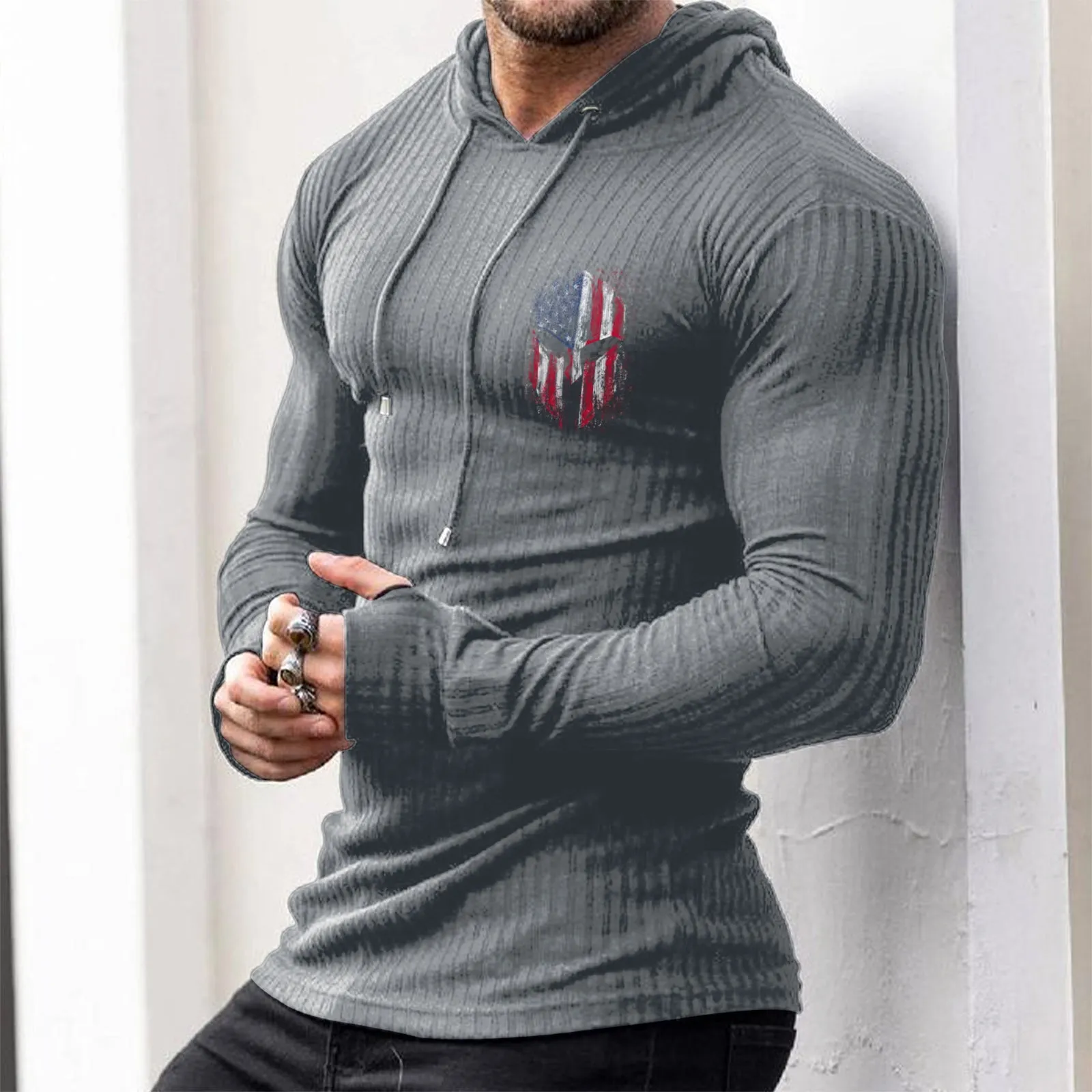 USA FLAG SPARTAN STRIPED GRAPHIC KNITTED HOODIE