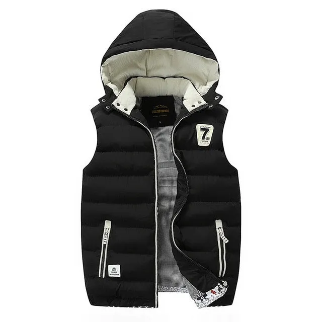 Warm Men's Jacket Vest Overcoats Sleeveless and Hat Detachable