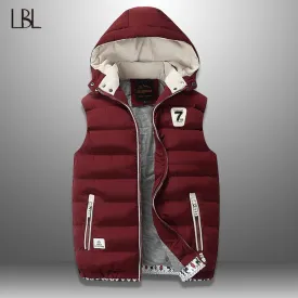 Warm Men's Jacket Vest Overcoats Sleeveless and Hat Detachable
