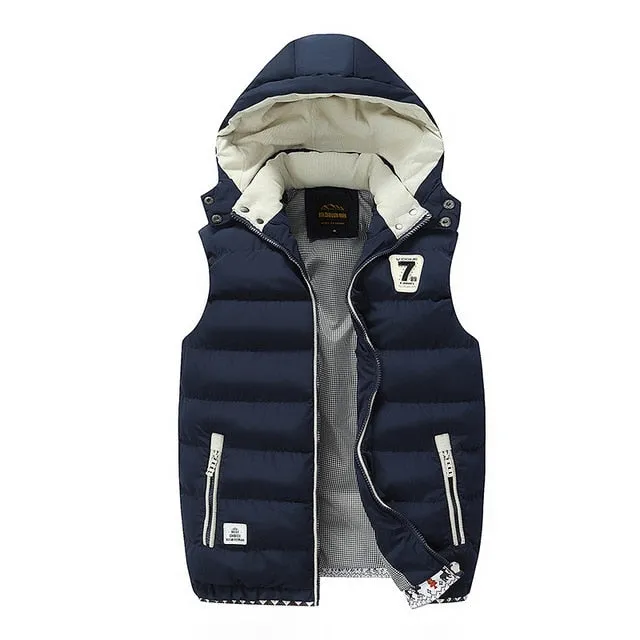 Warm Men's Jacket Vest Overcoats Sleeveless and Hat Detachable