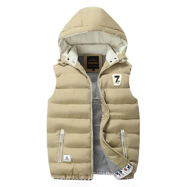 Warm Men's Jacket Vest Overcoats Sleeveless and Hat Detachable