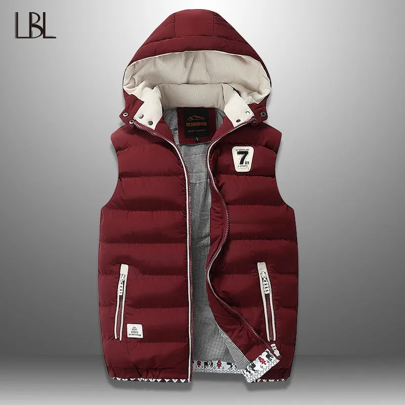 Warm Men's Jacket Vest Overcoats Sleeveless and Hat Detachable