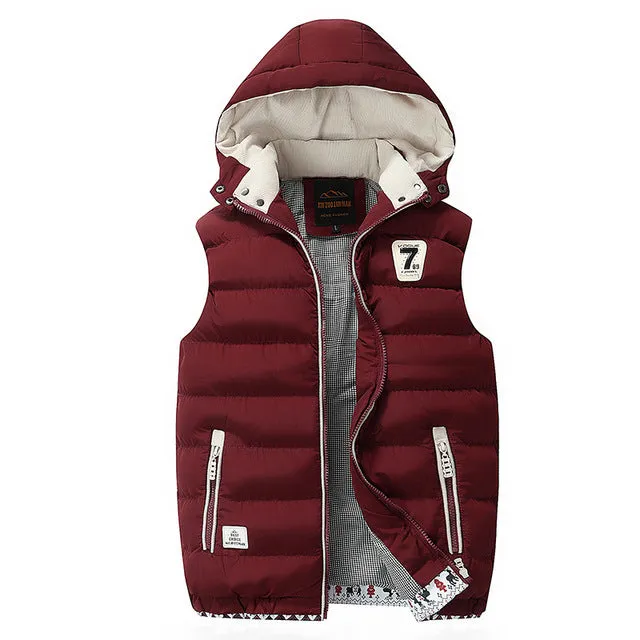 Warm Men's Jacket Vest Overcoats Sleeveless and Hat Detachable