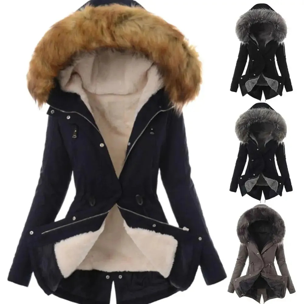 Warm Winter Women Faux Fur Hooded Cotton Down Jacket